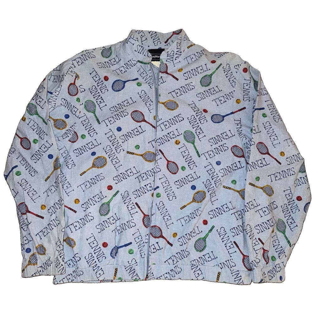 Vintage Bon Worth Tennis All Over Print Full Zip Jacket Preppy Granny Core M USA